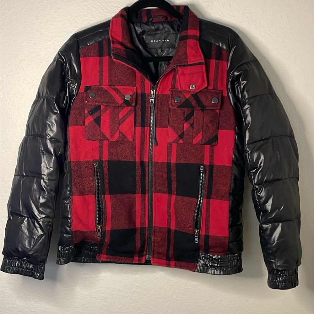 Sean John Black/Red plaid Wool Blend  Puff Jacket Size Medium
